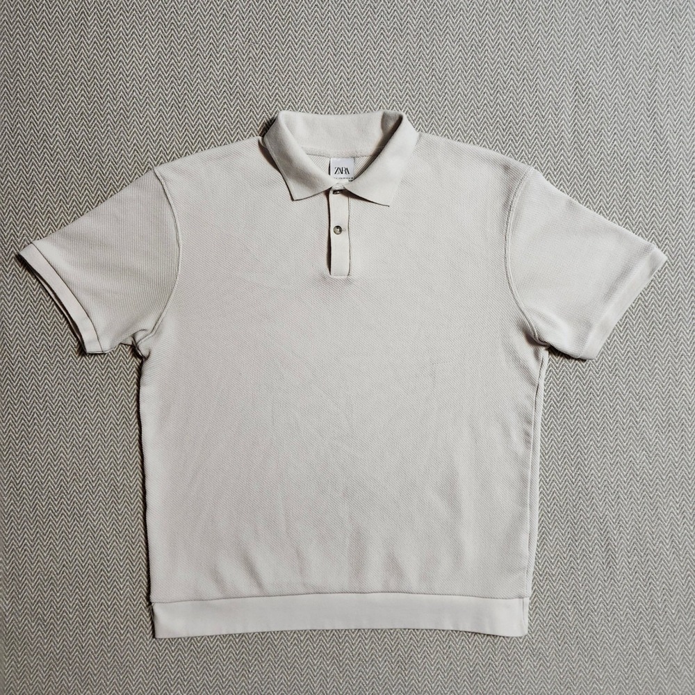 Zara Man Textured Waffle Knit Polo Shirt Light Beige Mens Size Medium